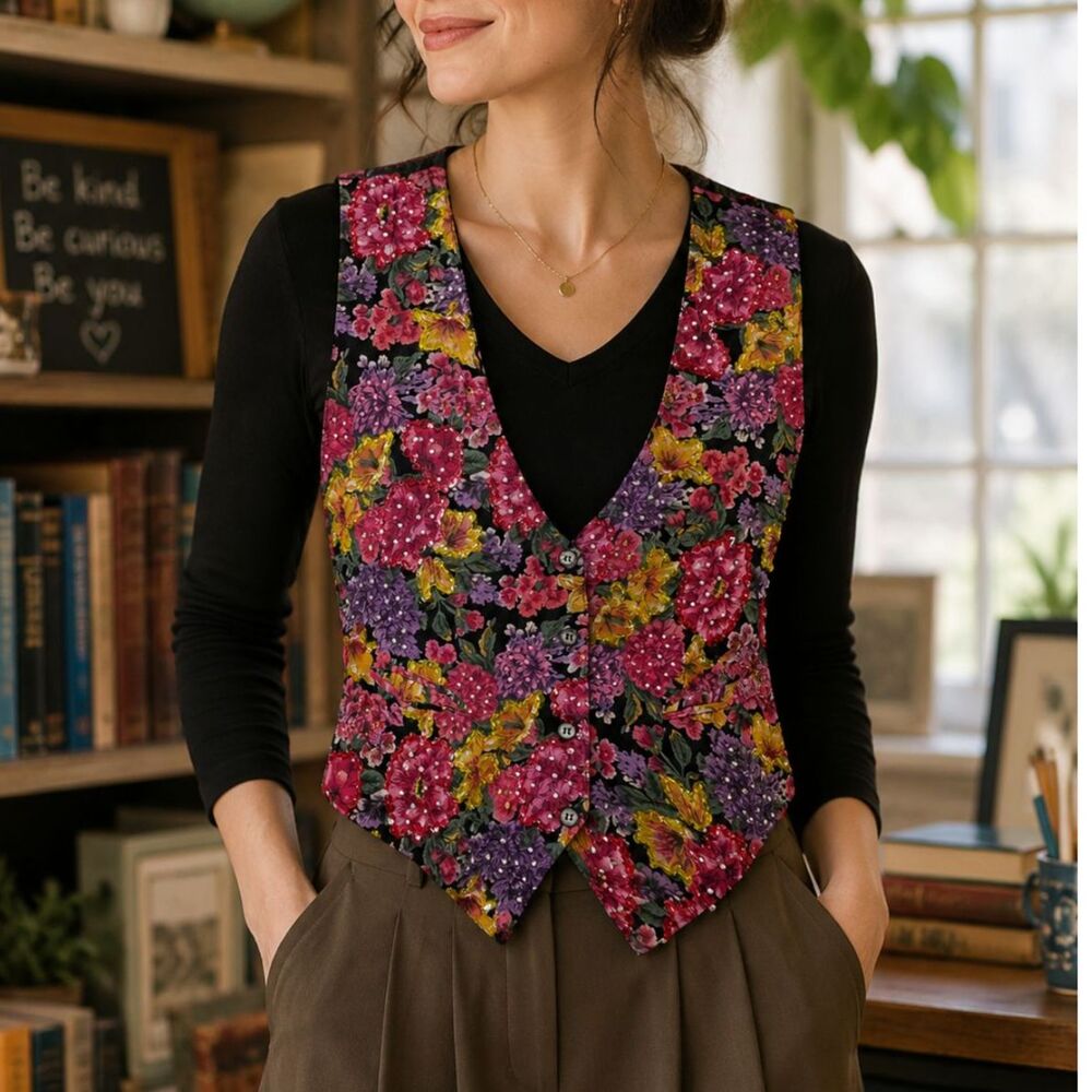 Vintage90s Floral Beaded Vest Medium Black Rayon Sequin Teacher Waistcoat